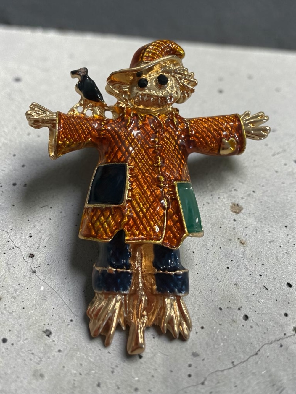 Fashion Jewelry Orange & Gold Enamel Scarecrow Brooch